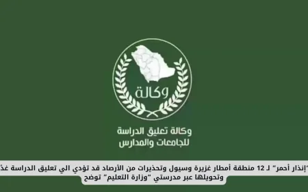 إنذار أحمر لـ 12 منطقة: أمطار غزيرة وسيول تهدد بتعليق الدراسة وتحويلها عبر منصة مدرستي ووزارة التعليم توضح التفاصيل