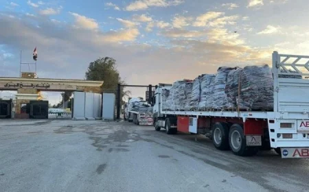 انطلاق القافلة رقم 144 من المساعدات الإنسانية من مصر إلى غزة عبر معبر كرم أبوسالم