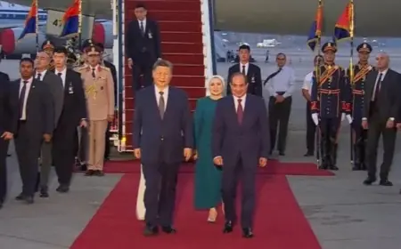 الرئيس السيسي يرحب بالرئيس الصيني في مطار القاهرة مع بث مباشر للأحداث